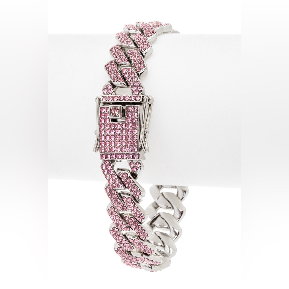 Silver & Pink Rhinestone Cuban Chain Bracelet - Picture 2 of 2